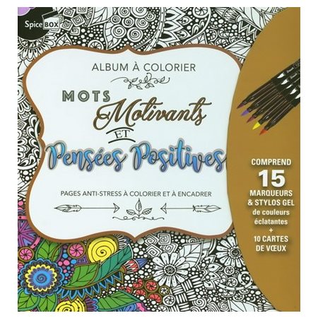 Coffret : Mots motivants et pensées positives : Sketch plus : Album à colorier : Comprend 15 marqueurs et stylos gel de couleurs éclatantes + 10 cartes de voeux