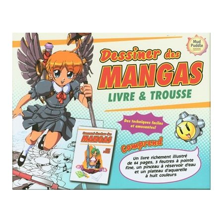 Dessiner des mangas : Coffret :  Livre & trousse : 3 feutres à pointes fine; 1 pinceau à réservoir d'eau + 1 plateau d'aquarelle à 8 couleurs