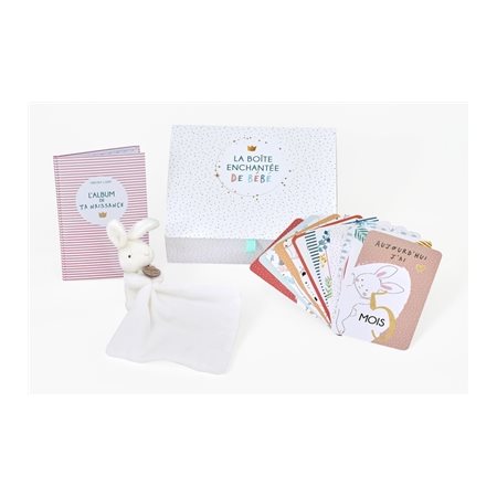 La boîte enchantée de bébé : Comprend 1 doudou-lapin, 1 album de ta naissance; des cartes étapes + 1 boîte-coffret