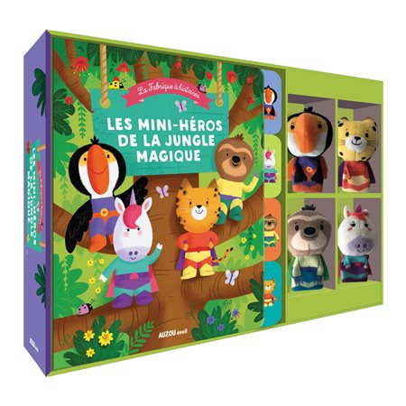 Les mini-héros de la jungle magique : À partir de 1 ans : 1 livre de 4 histoires + 4 marionnettes à