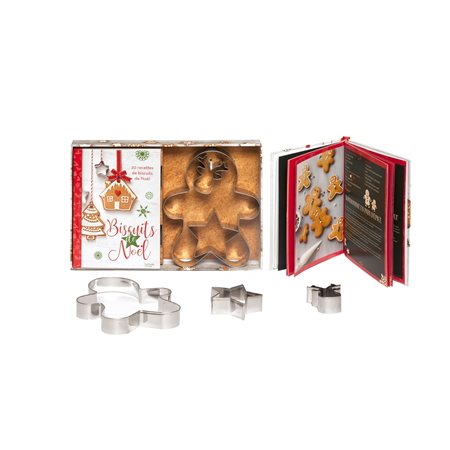 Biscuits de Noël : Coffret avec 1 livre de 20 recettes + 3 emporte-pièces : Bonhomme, reinne + étoil