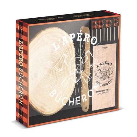 L'apéro bûcheron : Coffret comprenant : 1 livre de recettes + 1 planche à découper + piqes apéros + scie à saucisson