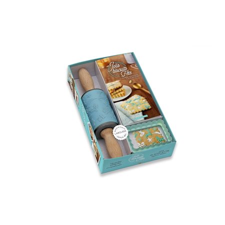 Jolis biscuits de fêtes : Coffret avec 1 livre de 15 recettes + 1 rouleau à pâtisserie avec plaque s