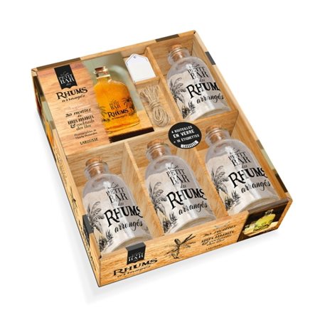 Le petit bar des rhums arrangés : Coffret avec 1 livre de 20 recettes + 4 bouteilles en verre + 16 é