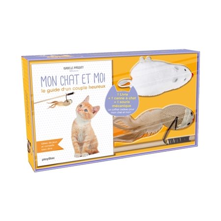 Coffret pour rendre son chat heureux : Contient 1 livre + 1 souris mécanique + 1 canne à chat avec s