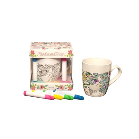 Mug licorne à colorier : Coffret avec 1 livre de coloriages + 1 mug à colorier + 4 feutres