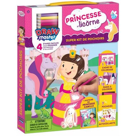 Princesse et Licorne : Drawmaster : Super Kit Pochoirs : 7 pochoirs, 55 autocollants, 12 pages à col