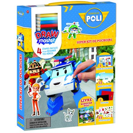 Robocar Poli : Drawmaster : Super Kit Pochoirs : 7 pochoirs, 55 autocollants, 12 pages à colorier ..