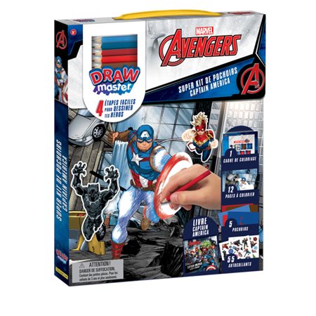 Captain America : Drawmaster : Super Kit Pochoirs : 40 autocollants, 5 pochoirs, 12 pages à colorier