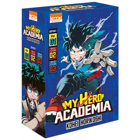 My hero academia : Coffret comprenant tomes 01 à 03 : Manga : Zuku Midoriya : Les origines;  Déchaîne-toi, maudit nerd !; All might : JEU