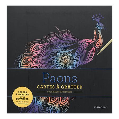 Paons : Cartes à gratter : Coloriage antistress : 1 stylet inclus