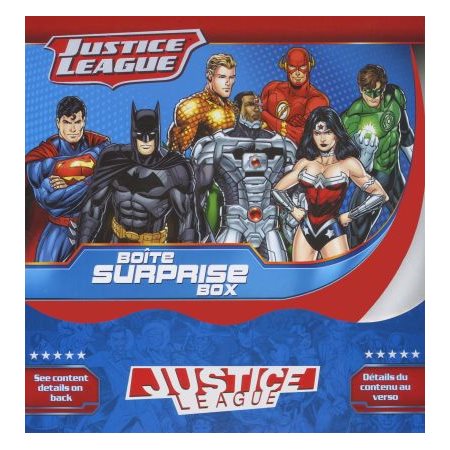 Justice League : BoÎte Surprise : 1 livre à colorier; 6 crayons cire; 1 page d'autocollants; 1 casse