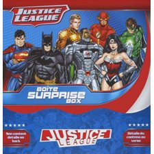 Justice League : BoÎte Surprise : 1 livre à colorier; 6 crayons cire; 1 page d'autocollants; 1 casse