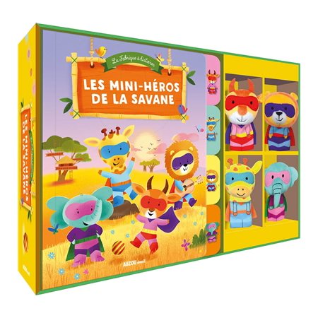 Les mini-héros de la savane : La fabrique à histoire : Livre + 4 marionnettes à doigts