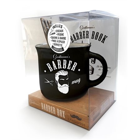 Coffret : Gentlemen's barber box : ciseaux; peigne; équerre à barbe; pince à épilier; serviette; mug