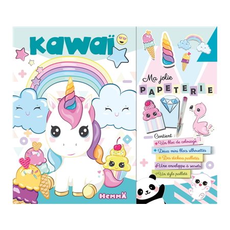Kawaï : Ma jolie papeterie : 1 bloc de coloriage; 2 mini blocs silhouettés; stickers pailletés; enve