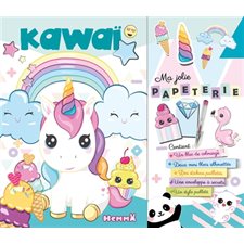 Kawaï : Ma jolie papeterie : 1 bloc de coloriage; 2 mini blocs silhouettés; stickers pailletés; enve