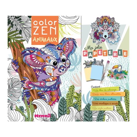 Color zen animaux : Ma jolie papeterie : 1 bloc de coloriage; 2 mini blocs silhouettés; stickers pai