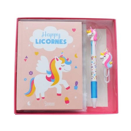 Happy licornes : Mon coffret créatif licornes : 1 carnet de notes; 1 trombone; 1 planche stickers +