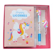 Happy licornes : Mon coffret créatif licornes : 1 carnet de notes; 1 trombone; 1 planche stickers +