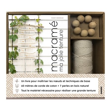 Coffret macramé : 1 livre pour maîtriser les noeuds et techniques de base + 7 perles de bois + 60m : ma jolie tenture; Macramé; ma jolie tenture