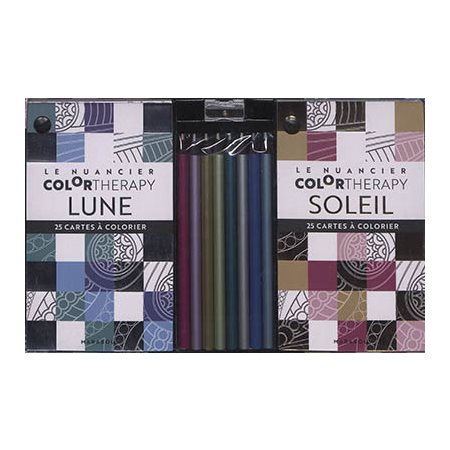 Coffret Soleil & Lune : Color Therapy : 50 cartes à colorier, 8 crayons de couleur métallisés + 1 ta