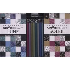 Coffret Soleil & Lune : Color Therapy : 50 cartes à colorier, 8 crayons de couleur métallisés + 1 ta