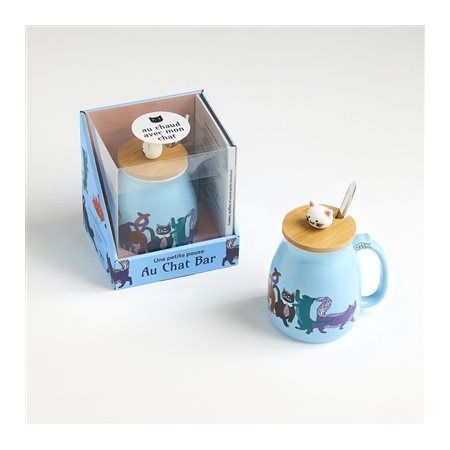 Une petite pause au chat bar : Coffret : Livre + mug + couvercle en bambou + petite cuillère