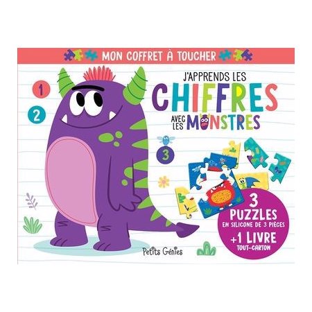 J'apprends les chiffres avec les monstres : Mon coffret à toucher : 3 puzzles en silicone de 3 pièces + 1 livre tout-carton