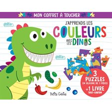 J'apprends les couleurs avec les dinos : Mon coffret à toucher : 3 puzzles en silicone de 3 pièces + 1 livre tout-carton