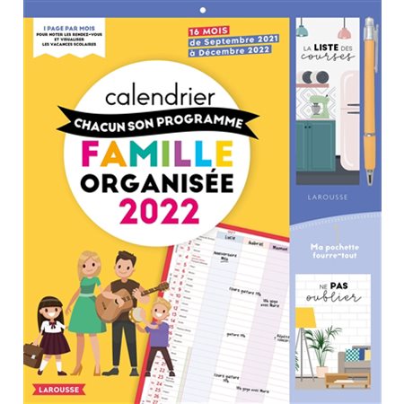 Calendrier mensuel de la famille organisée : 16 mois : De septembre 2021 à décembre 2022