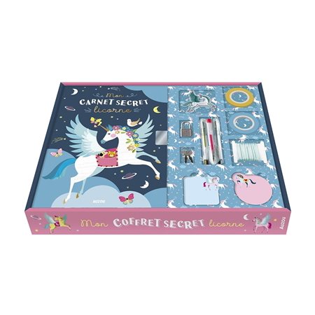 Mon coffret secret licorne : Comprend 1 carnet, 3 planches de stickers, 3 stylos glitters, 1 patch ,