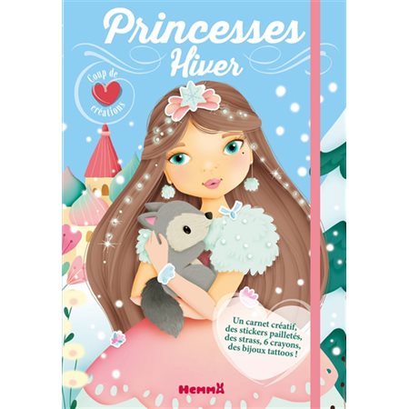 Princesses hiver : Un carnet créatif, des stickers pailletés, des strass, 6 crayons, des bijoux tatt