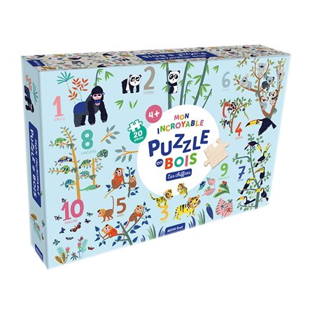 Coffret : Les chiffres : Mon incroyables puzzle en bois : 4+ : 1 puzzle géant de 20 pièces + 1 poster + 1 livre + 1 petit sac en tissu