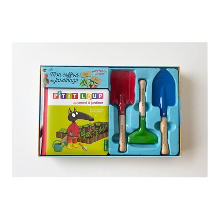 Mon coffret de jardinage : P''tit Loup : 1 pelle, 1 bêche, 1 râteau, 2 étiquettes en bois