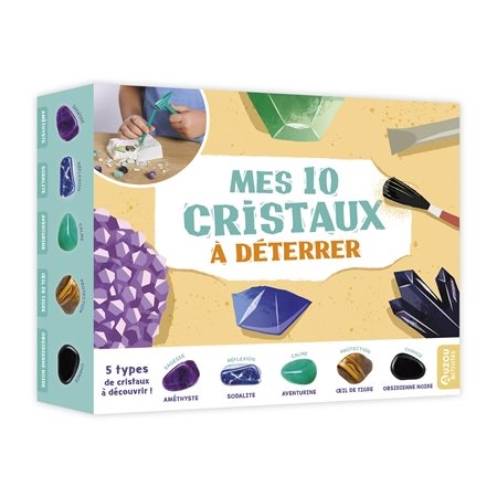 Mes 10 cristaux à déterrer : Coffret : 5 types de cristaux à découvrir : 1 marteau, 1 bloc de plâtre, 1 burin, 1 pinceau + 1 livret explicatif