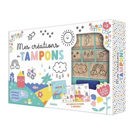 Mes créations en tampons : La météo : Coffret comprenant 1 encreur + 8 jolis tampons en bois + 1 livre de 24 pages à décorer