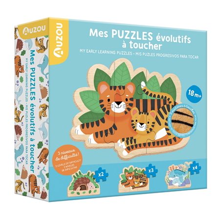 Mes puzzles évolutifs à toucher : My early learning puzzles : Mis puzles progresivos para tocar : 18 mois et + : 3 puzzles de chacun 2 pièces, 3 pièces et 4 pièces