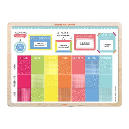 J'organise ma semaine : Mon tableau : 3 + : Plus de 60 aimants pour décrire la journée ou des événements + 1 tableau magnétique recto verso. 1 côté ardoise, 1 côté organisateur semaine de famille