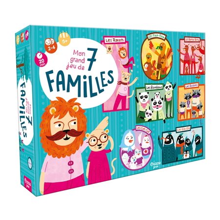 Mon grand jeu de 7 sept familles : 5 + : 1 plateau de jeu, 35 cartes, 7 jetons famille, 4 maisons en cartons, 35 pions en bois, 1 sac en tissu