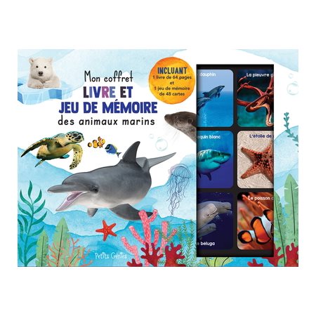 Mon coffret livre et jeu de mémoire des animaux marins : 1 livre de 64 pages + 1 jeu de mémoire de 48 cartes