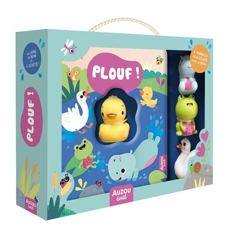 Coffret : Plouf ! : 4 animaux pour jouer dans le bain ! : 1 livre-bain, Timo l'hippo; Fripouille, la grenouille; Sissi, le cygne + Gaspard, le canard