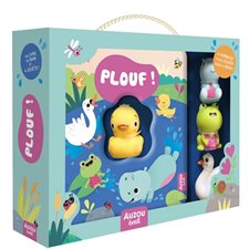 Coffret : Plouf ! : 4 animaux pour jouer dans le bain ! : 1 livre-bain, Timo l'hippo; Fripouille, la grenouille; Sissi, le cygne + Gaspard, le canard