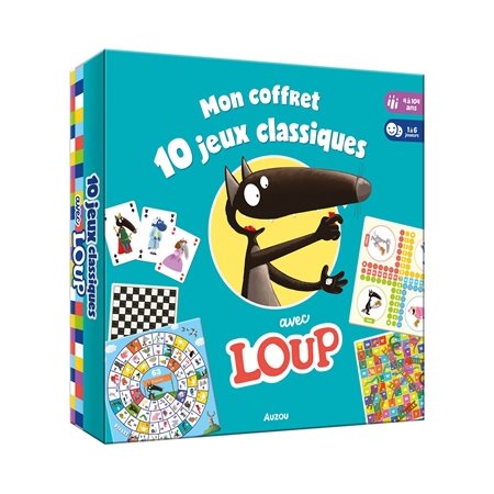 Mon coffret 10 jeux classiques avec Loup : 4 à 404 ans : 1 à 6 joueurs : 1 sac en tissu, 6 plateaux de jeux, 2 dés en bois, 1 jeu de 54 cartes + des pions en bois