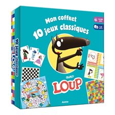 Mon coffret 10 jeux classiques avec Loup : 4 à 404 ans : 1 à 6 joueurs : 1 sac en tissu, 6 plateaux de jeux, 2 dés en bois, 1 jeu de 54 cartes + des pions en bois