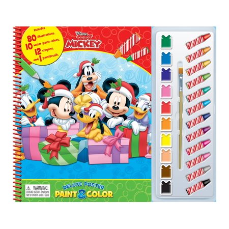 Disney Mickey Noël : Mon grand livre à peindre et colorier : 80 illustrations, 10 pastilles de peintures, 10 crayons et 1 pinceau : 3 ans et +