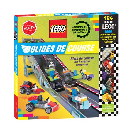 LEGO Bolides de course : 1 livre d'instructions et d'inspiration de 64 pages, 124 pièces LEGO, 1 feuille d'éléments en papier construction, 1 piste de course d'environ 1 mètre de long !