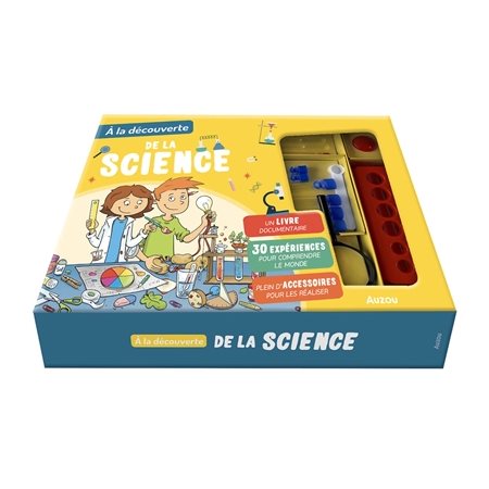 A la découverte de la science : 6 ans et + : Coffret avec 1 livre documentaire + 6 tubes à essai, 3 ballons, 1 entonnoire, 1 thermomètre, 1 cuillère, 1 aimant, 1 loupe, du papier filtre, 3 pipettes +
