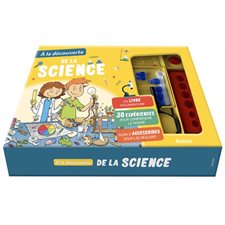 A la découverte de la science : 6 ans et + : Coffret avec 1 livre documentaire + 6 tubes à essai, 3 ballons, 1 entonnoire, 1 thermomètre, 1 cuillère, 1 aimant, 1 loupe, du papier filtre, 3 pipettes +