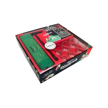 Apéro blackjack : Coffret avec 1 livret de règles du Blackjack et des recettes de shots; 6 shots en verre; 1 tapis de Blackjack; 50 jetons + 1 jeu de cartes